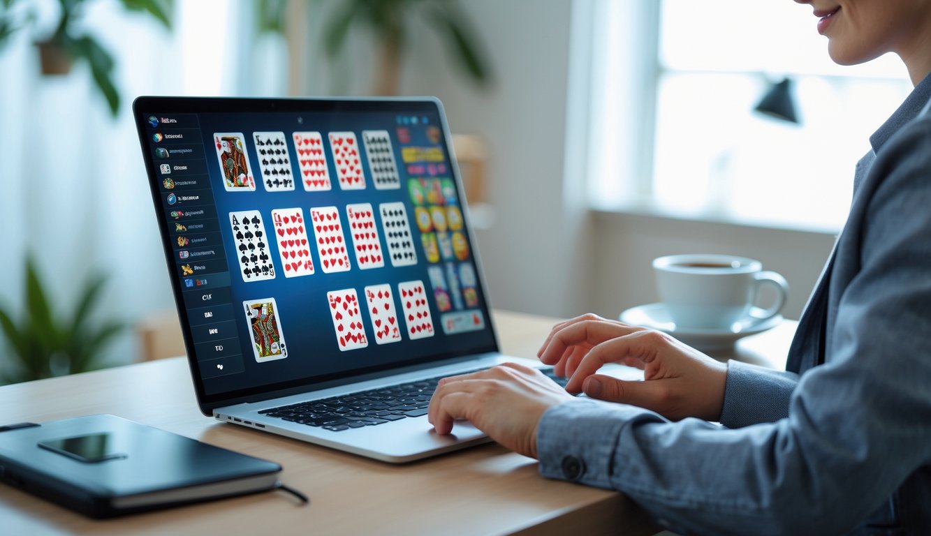 Seseorang duduk di meja dengan laptop, fokus bermain permainan kartu online dengan kartu digital di layar.