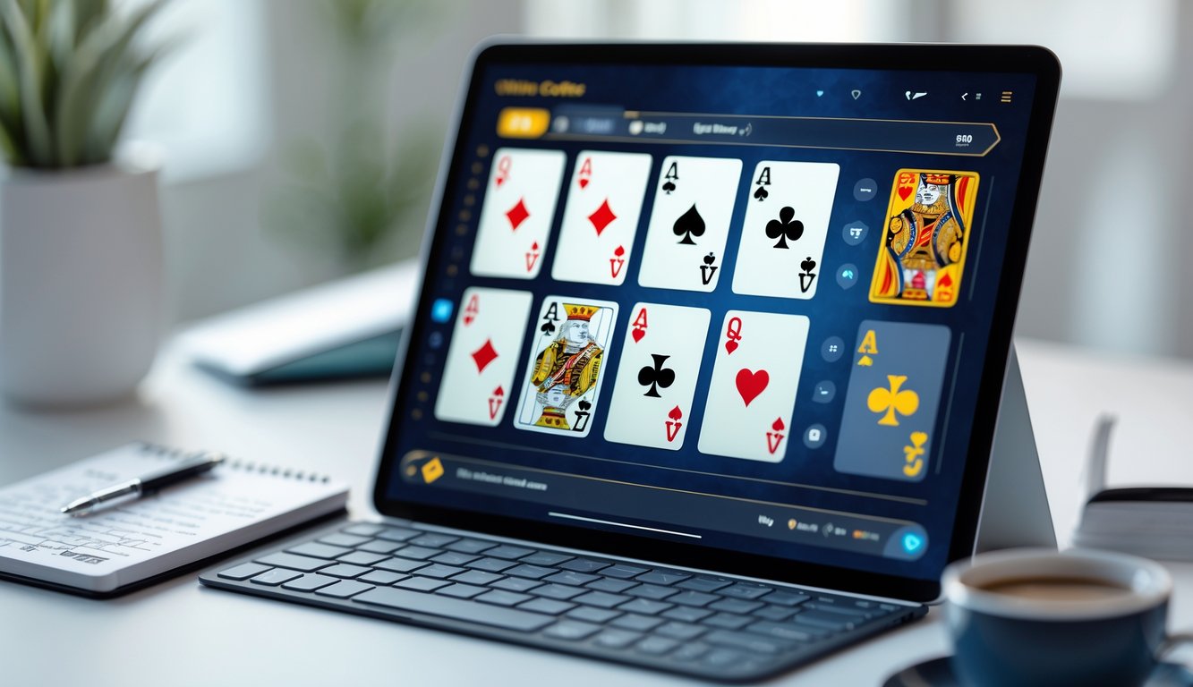 Seorang pemain menggunakan laptop untuk bermain kartu online dengan kartu virtual di layar, di atas meja terdapat catatan dan secangkir kopi.