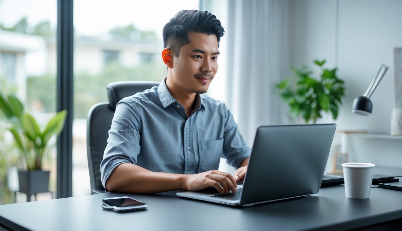 Seorang pria Indonesia duduk di meja kerja modern menggunakan laptop di ruang kerja rumah yang terang dan rapi.