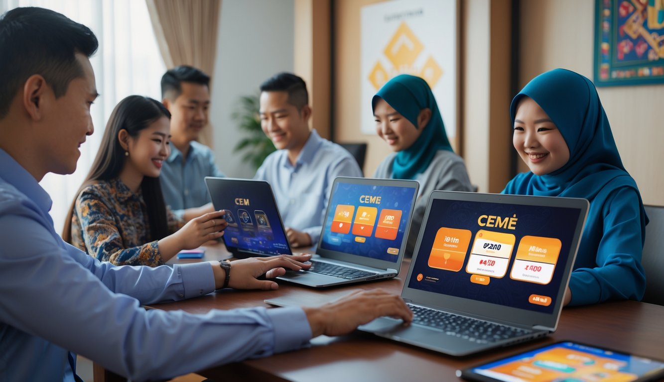 Sekelompok orang Indonesia bermain permainan kartu online di perangkat digital dalam ruangan modern yang nyaman.