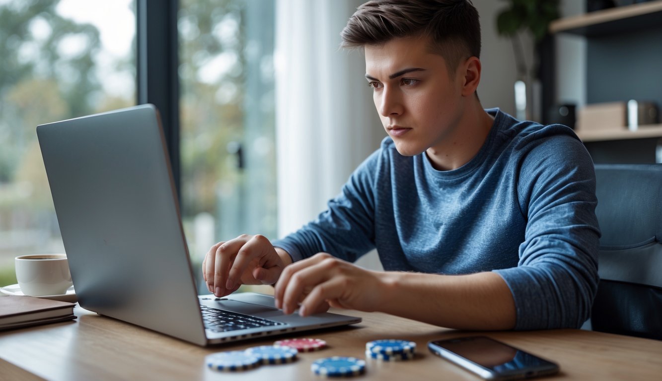 Seorang pria muda fokus bermain permainan kartu online di laptop di ruang kerja rumah yang terang.