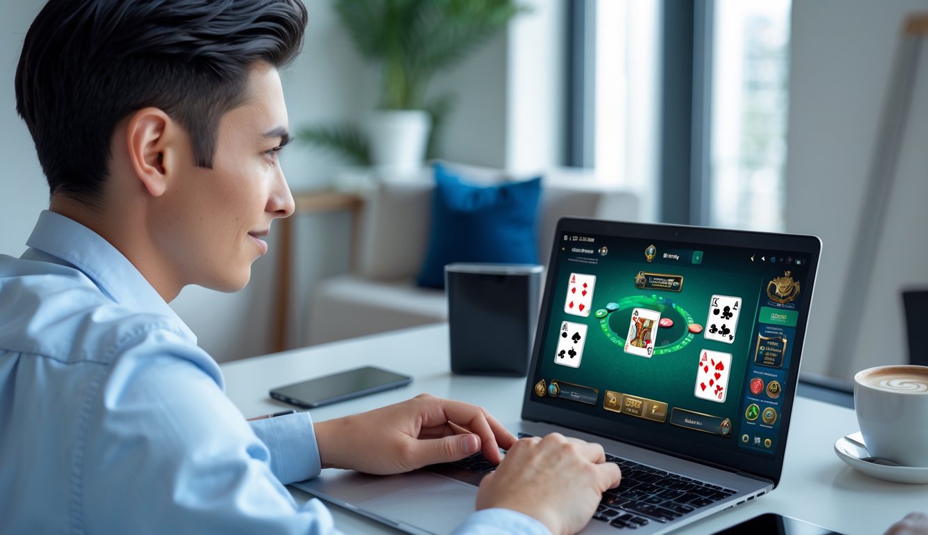 Seorang dewasa muda sedang bermain permainan kartu online di laptop dengan ekspresi fokus di sebuah ruangan yang terang dan rapi.