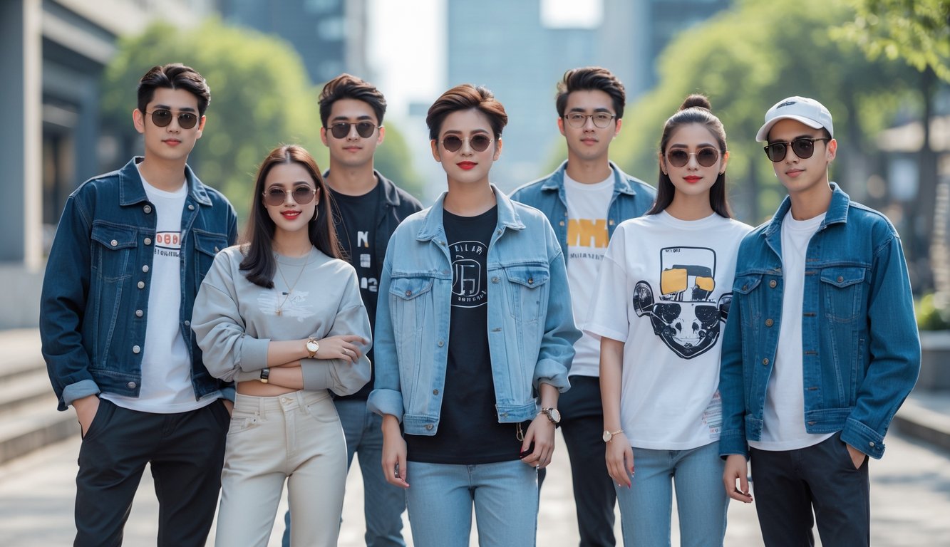 Sekelompok orang muda mengenakan pakaian kasual dan modern sedang berpose di luar ruangan di lingkungan perkotaan.