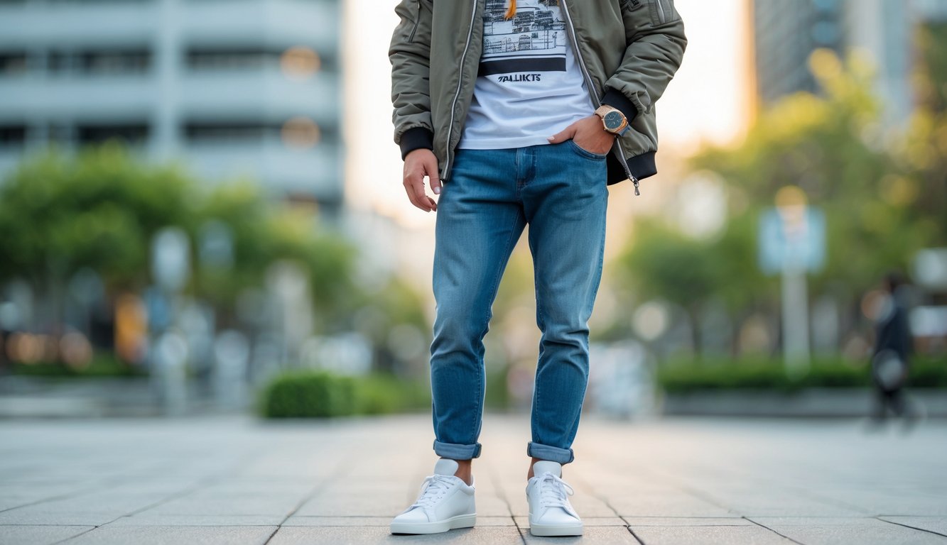 Seorang dewasa muda mengenakan pakaian kasual dan modern berdiri di luar ruangan dengan latar belakang kota yang samar.