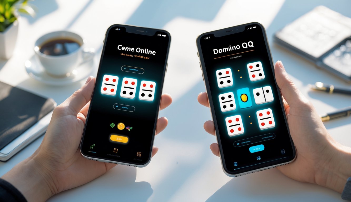 Dua perangkat digital berdampingan menampilkan permainan Ceme Online dan Domino QQ dengan latar meja kerja yang rapi.