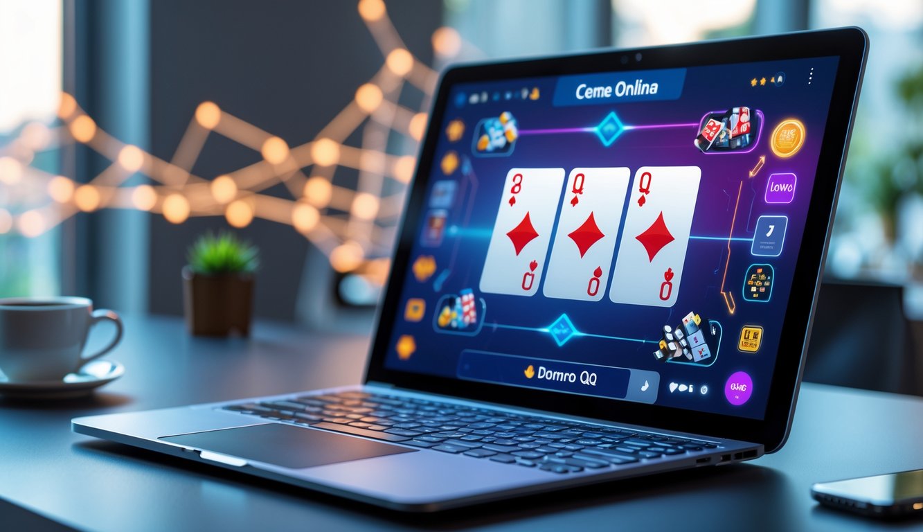 Seorang pengguna sedang bermain permainan kartu online di laptop dengan suasana meja kerja yang rapi dan perangkat digital di sekitarnya.