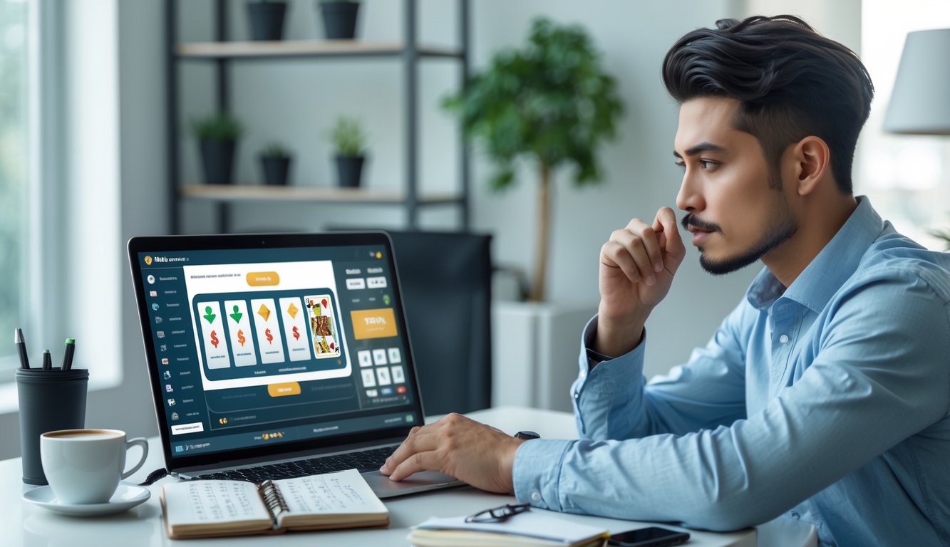 Seorang pria muda serius duduk di depan laptop dengan permainan kartu online dan alat tulis di meja, menunjukkan suasana kerja dan pengelolaan modal.