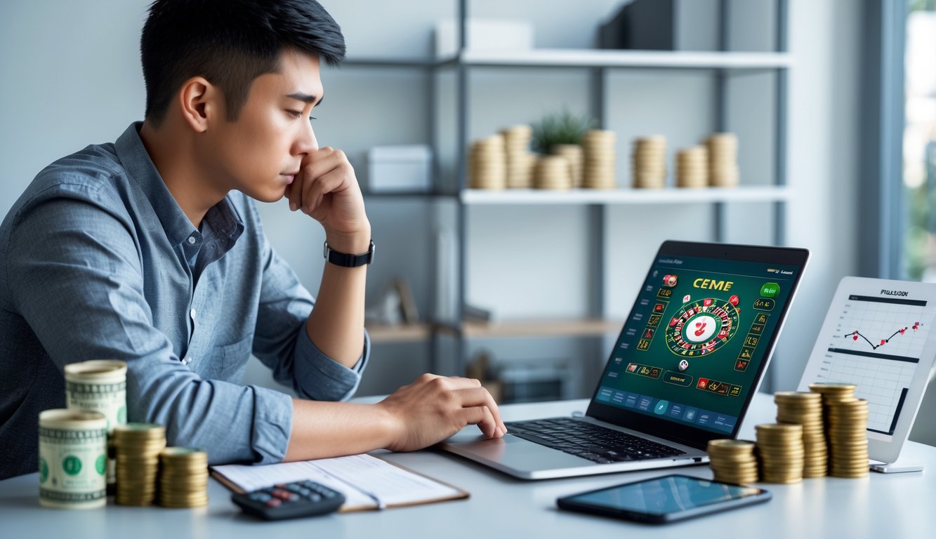 Seorang pria muda duduk di meja dengan laptop yang menampilkan permainan Ceme online, dikelilingi oleh uang dan grafik keuangan, tampak fokus mengelola modal bermain.