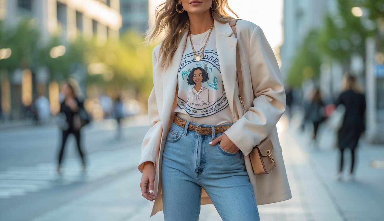 Seorang wanita muda berdiri di jalan kota dengan pakaian kasual yang modis dan santai.