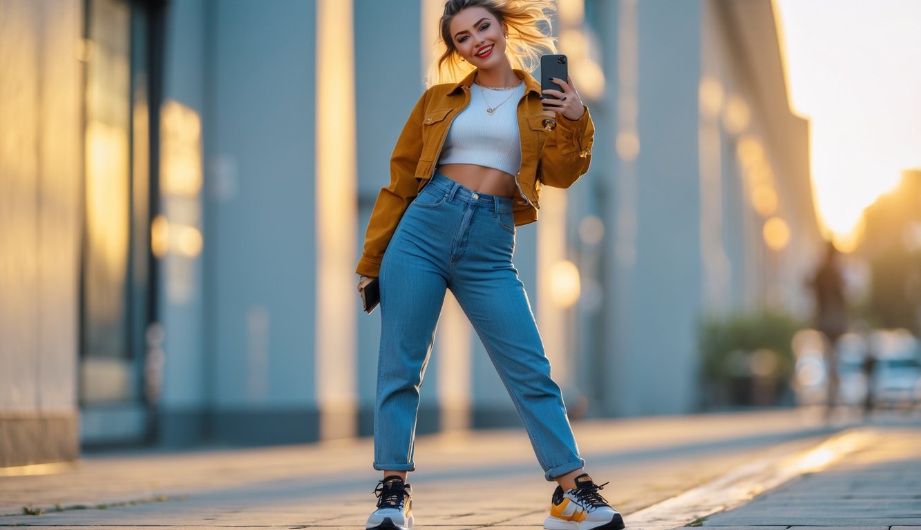 Seorang wanita muda berpose di luar ruangan dengan pakaian kasual trendi di latar perkotaan.