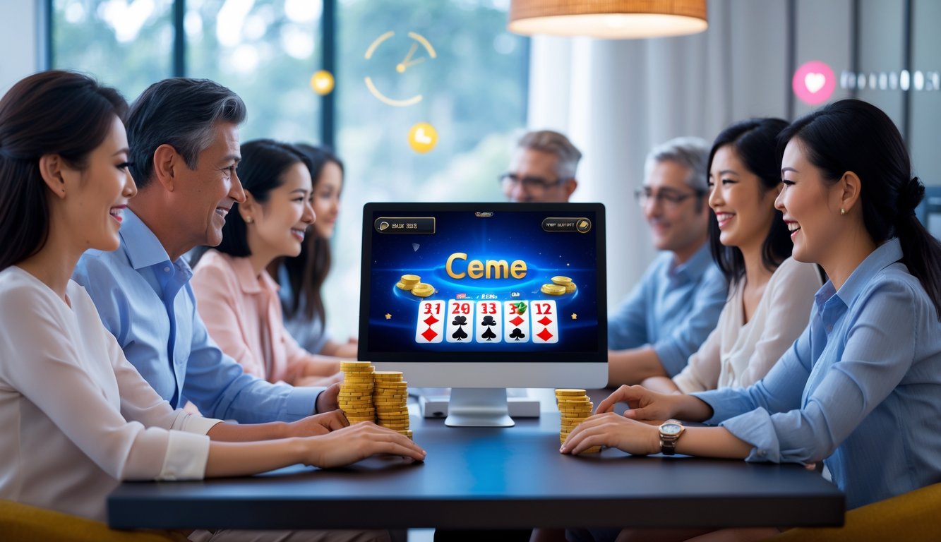 Beberapa orang dewasa bermain permainan Ceme online dengan perangkat digital di meja yang nyaman, terlihat fokus dan antusias.