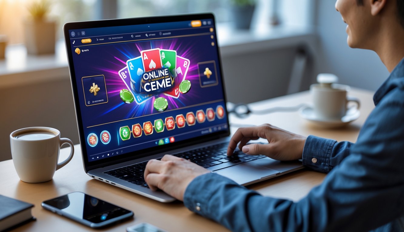 Seseorang sedang bermain permainan kartu online di depan komputer dengan ekspresi fokus dan suasana ruang kerja yang rapi.