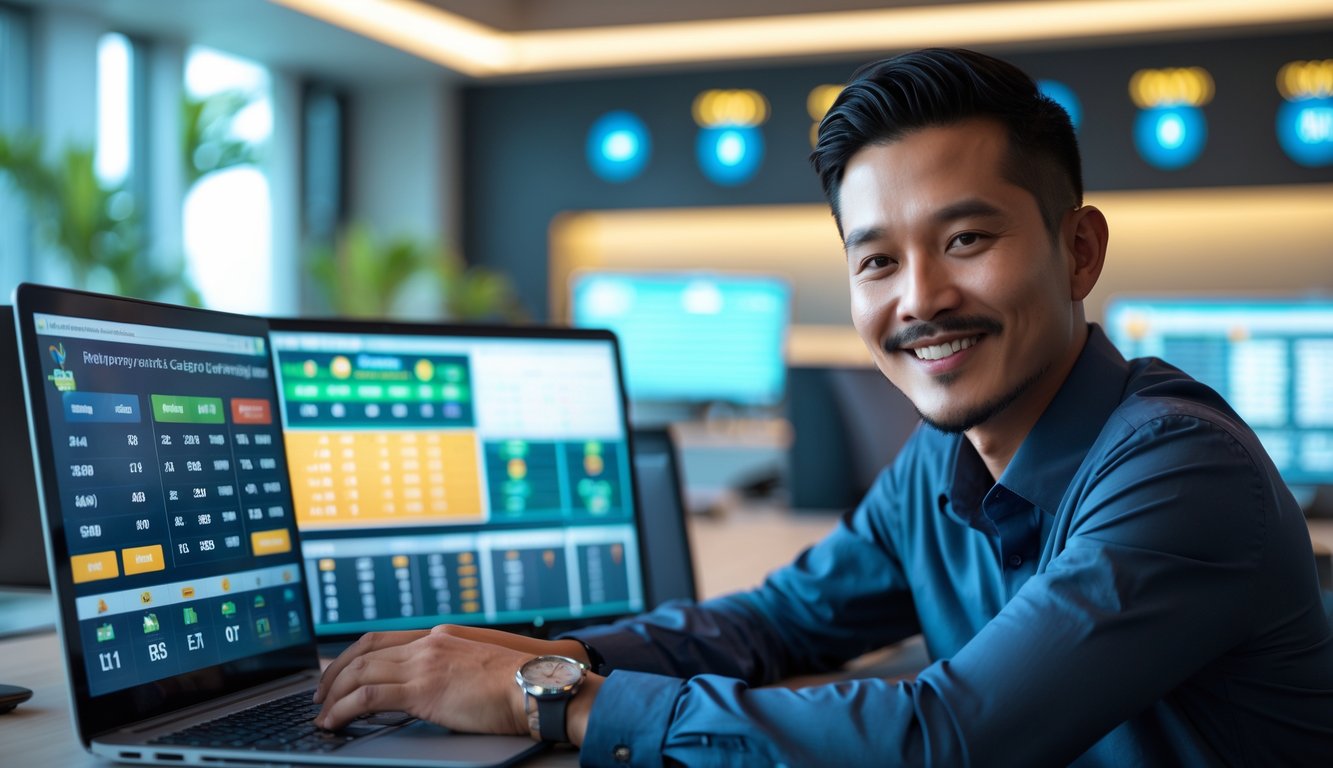 Seorang pria Asia Tenggara tersenyum menggunakan laptop di kantor modern dengan layar menampilkan grafik dan angka terkait permainan online dan lotere.