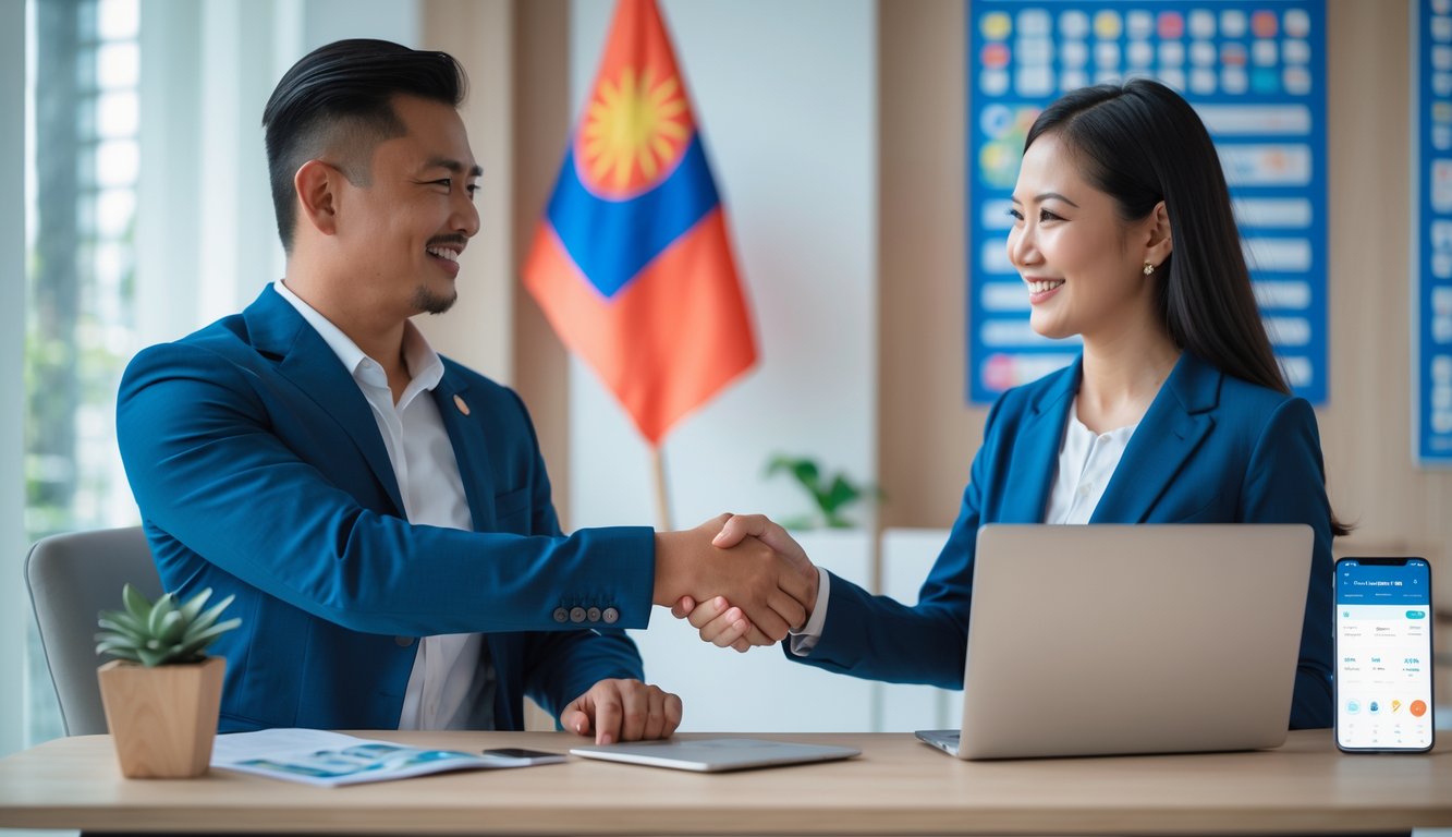 Dua profesional Indonesia berjabat tangan di kantor modern dengan laptop dan ponsel yang menunjukkan aplikasi pembayaran.
