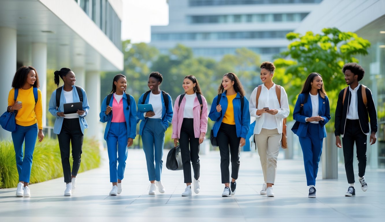 Sekelompok orang muda berpakaian trendi sedang berjalan dan berbicara di lingkungan perkotaan yang modern, dengan latar belakang bangunan dan tanaman hijau.