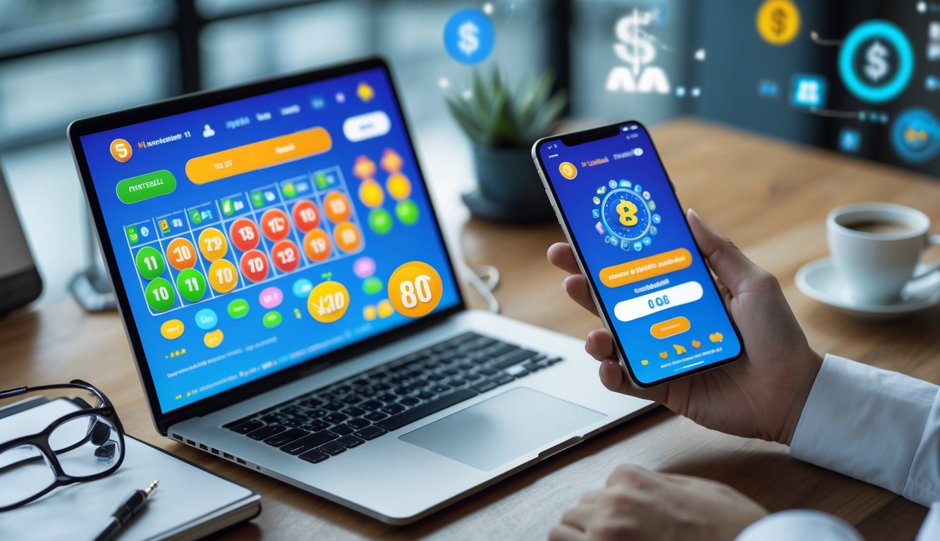 Seseorang menggunakan laptop dan ponsel di meja kerja dengan tampilan aplikasi togel online dan simbol transaksi digital di sekitar.