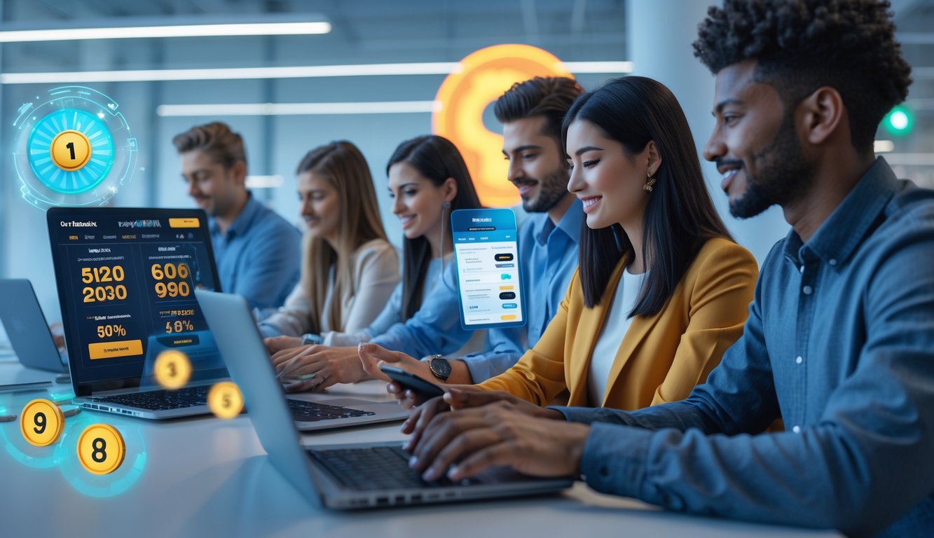 Sekelompok orang muda menggunakan laptop dan ponsel di kantor modern dengan elemen digital yang menunjukkan aktivitas bermain togel online resmi.