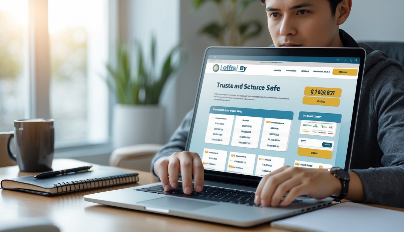 Seorang pemula sedang menggunakan laptop di meja kerja dengan ekspresi fokus memilih platform togel yang aman.