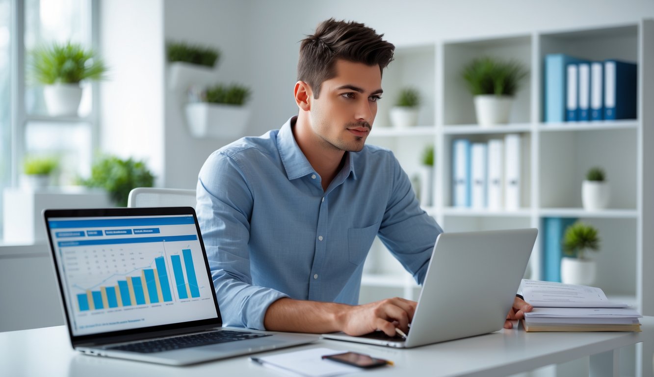 Seorang pria muda duduk di meja kerja dengan laptop dan alat tulis, terlihat fokus dan serius dalam suasana kantor yang rapi.