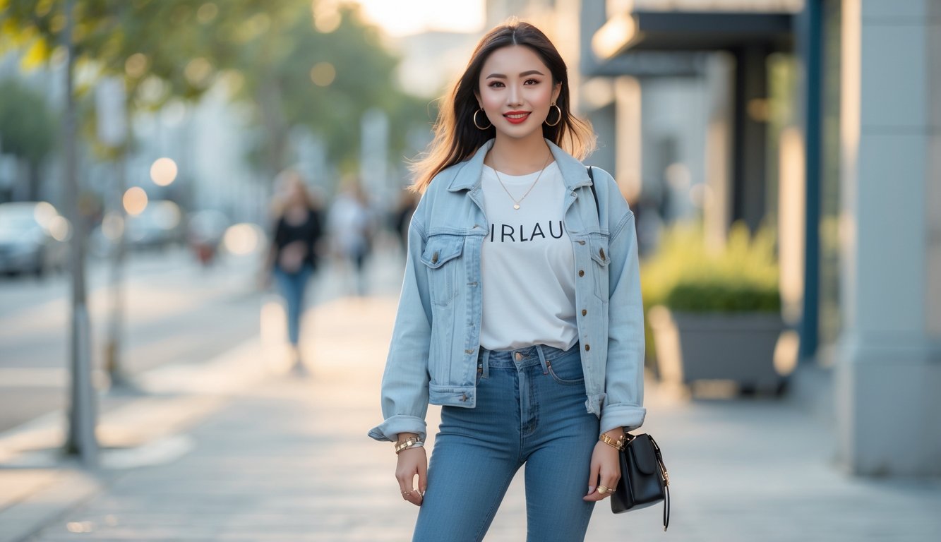 Seorang wanita muda berdiri di jalan kota dengan pakaian kasual yang modis dan sederhana.