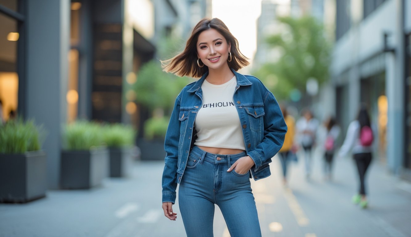Seorang wanita muda berdiri di jalan kota mengenakan pakaian kasual yang modis dan terjangkau.