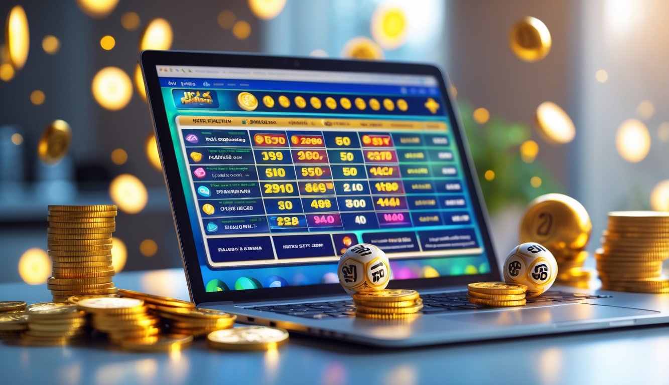Sebuah komputer menampilkan situs togel online dengan elemen koin emas, bola angka, dan tumpukan uang di sekitarnya.
