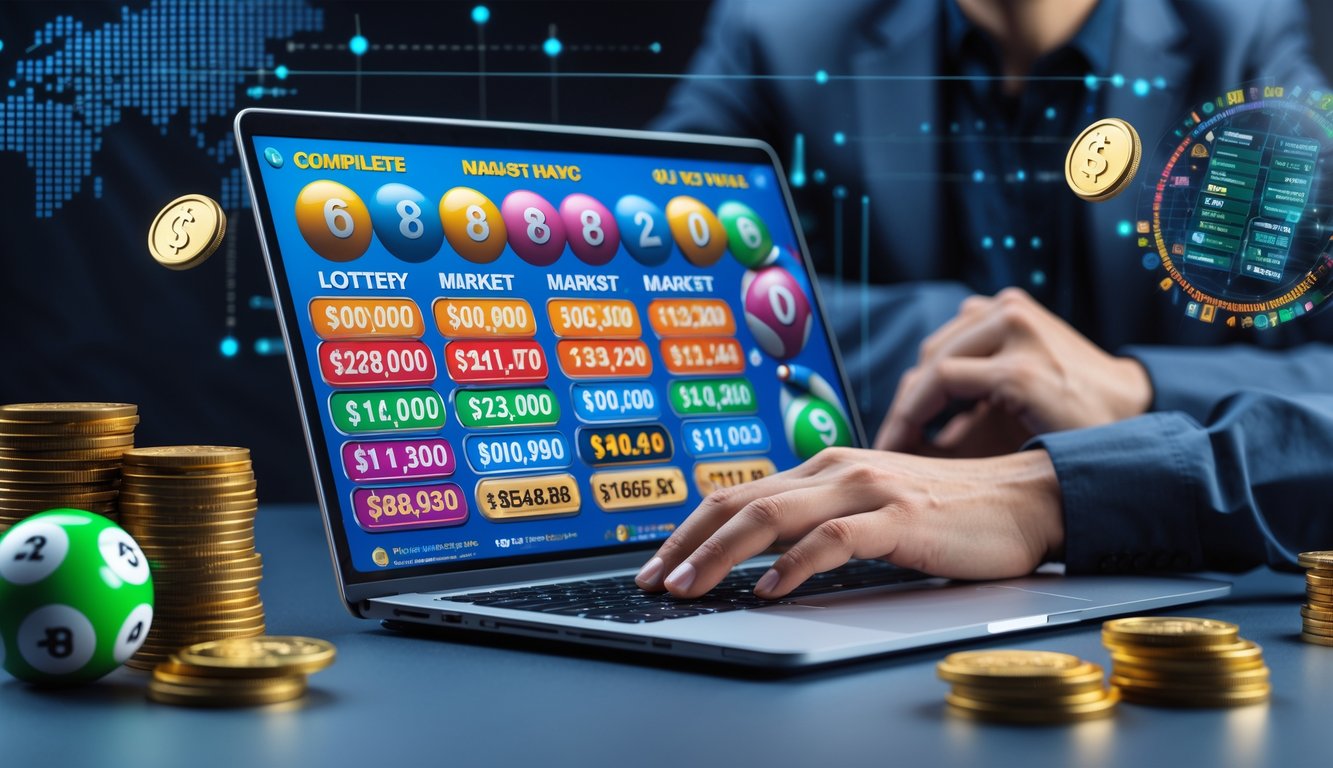 Seseorang menggunakan laptop dengan tampilan antarmuka togel online lengkap dan hadiah besar, dikelilingi bola togel, tumpukan uang, dan koin emas di meja kerja.