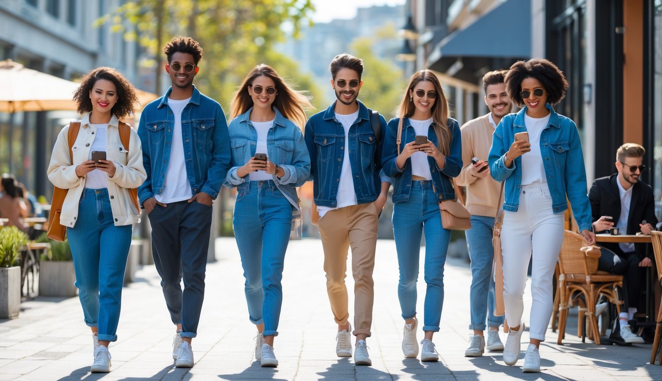 Sekelompok orang muda mengenakan pakaian kasual dan modern di lingkungan perkotaan yang cerah, sedang berjalan dan duduk di kafe.