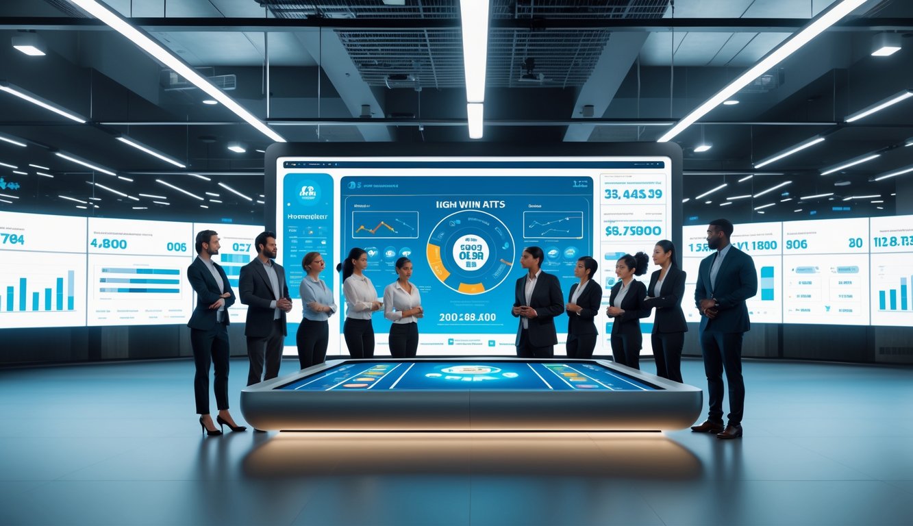 Sekelompok profesional sedang berdiskusi di sekitar meja digital dengan grafik dan data lotere di kantor modern.