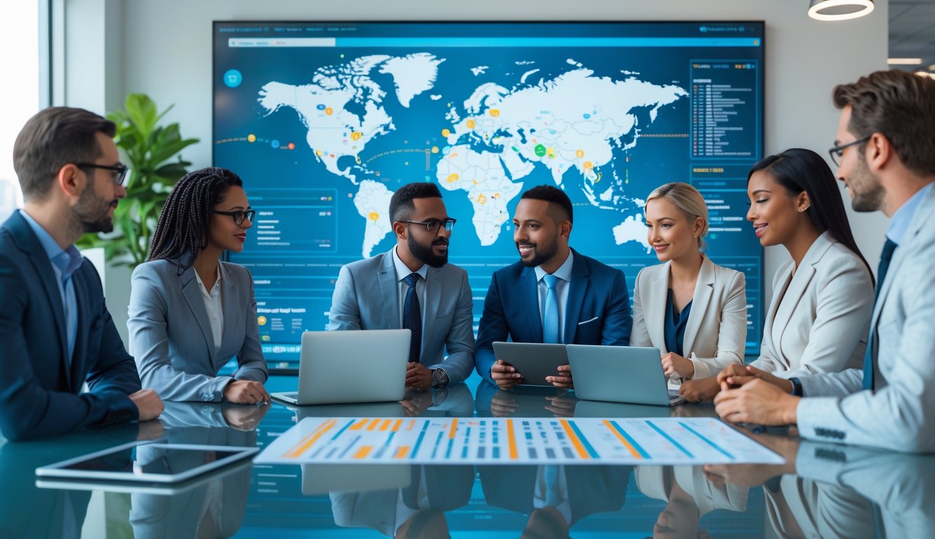 Beberapa profesional sedang berdiskusi di kantor modern dengan perangkat digital yang menampilkan grafik dan statistik terkait togel.