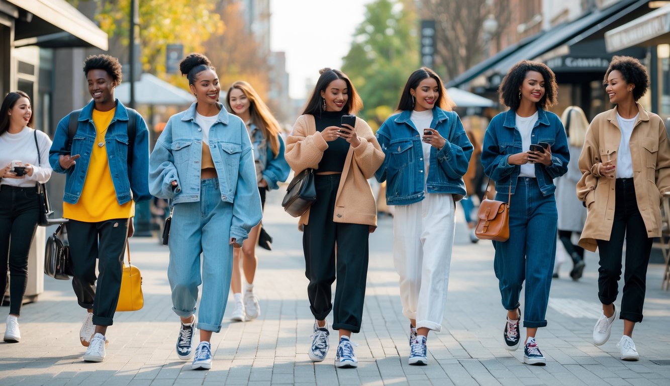Sekelompok orang muda mengenakan pakaian modern sedang beraktivitas di lingkungan perkotaan.