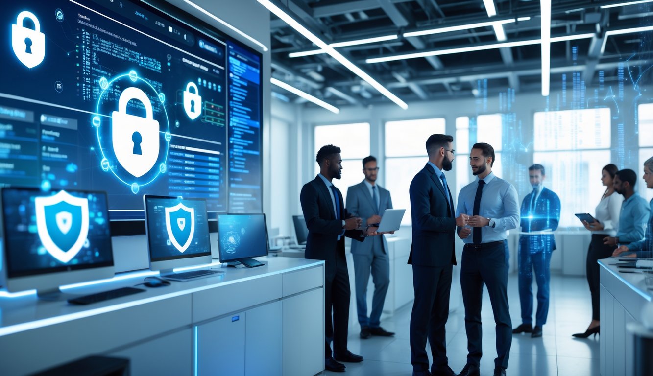 Tim profesional bekerja di kantor teknologi tinggi dengan layar komputer menampilkan grafik keamanan dan data, menggambarkan sistem keamanan terbaik dan anti blokir.