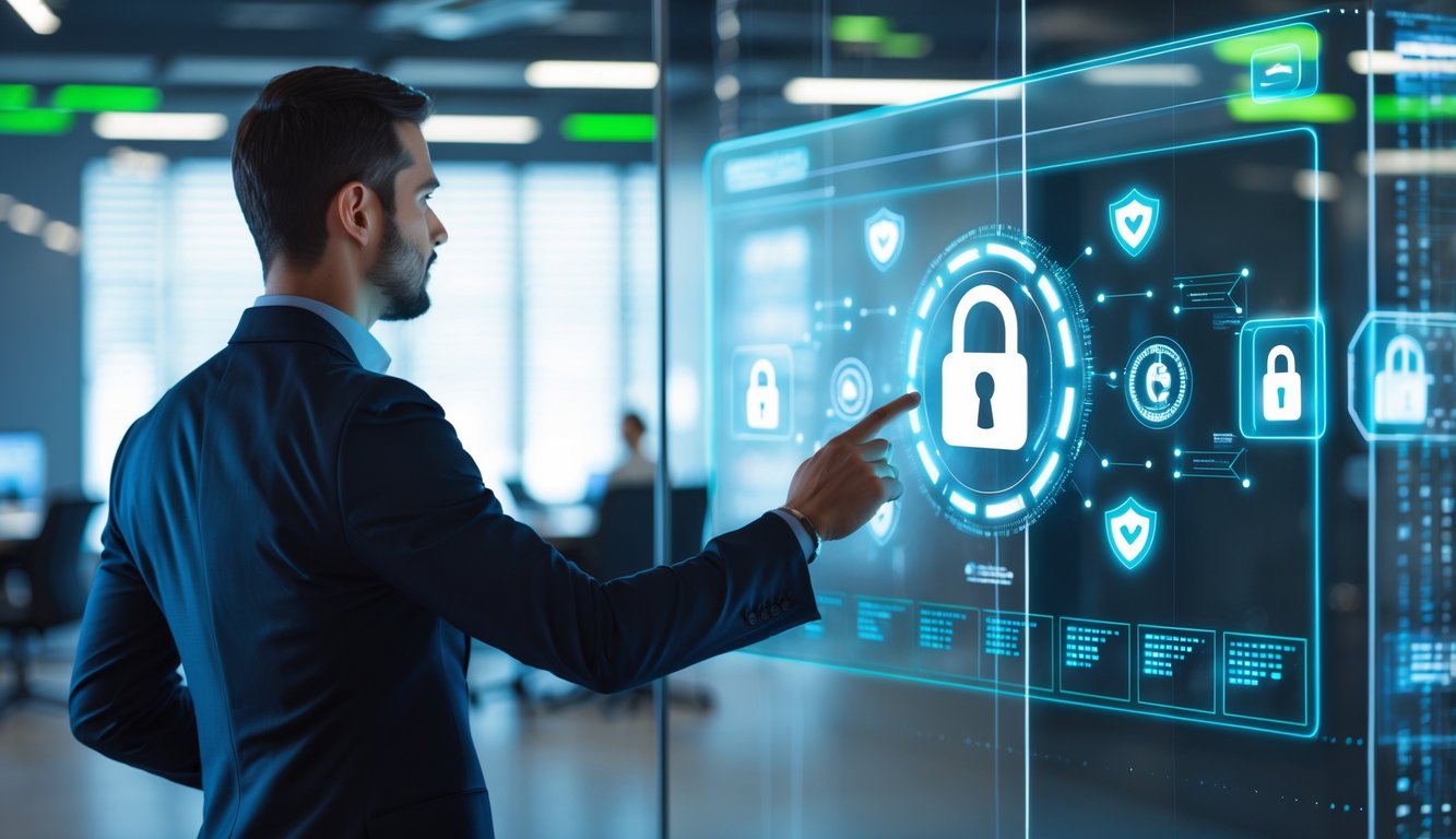 Seorang profesional keamanan IT menggunakan antarmuka digital modern dengan ikon keamanan di layar transparan dalam kantor berteknologi tinggi.
