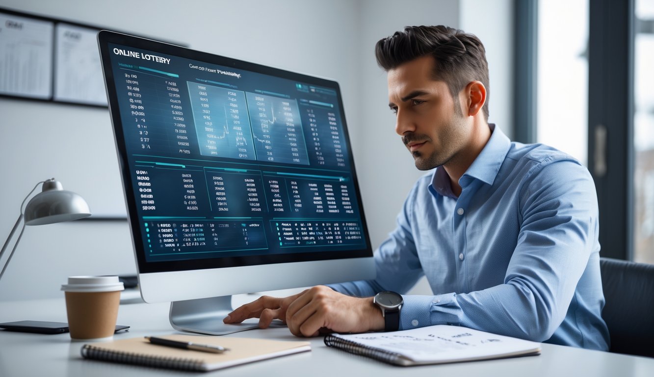 Seorang pria duduk di meja kerja dengan laptop dan catatan, fokus menganalisis data untuk strategi menang togel online.