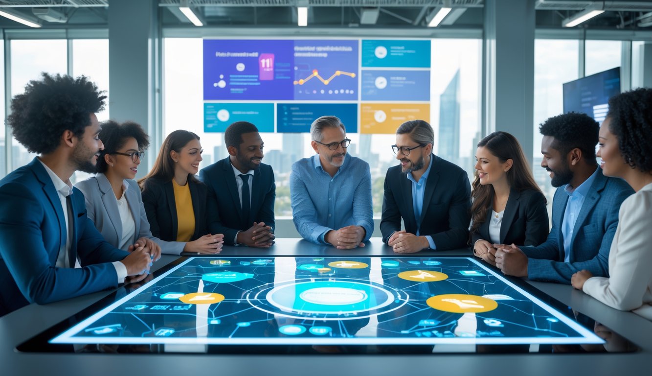 Sekelompok orang beragam usia dan etnis sedang berdiskusi di sekitar meja digital transparan dengan tampilan grafik dan ikon komunikasi, di dalam kantor modern dengan pemandangan kota di latar belakang.