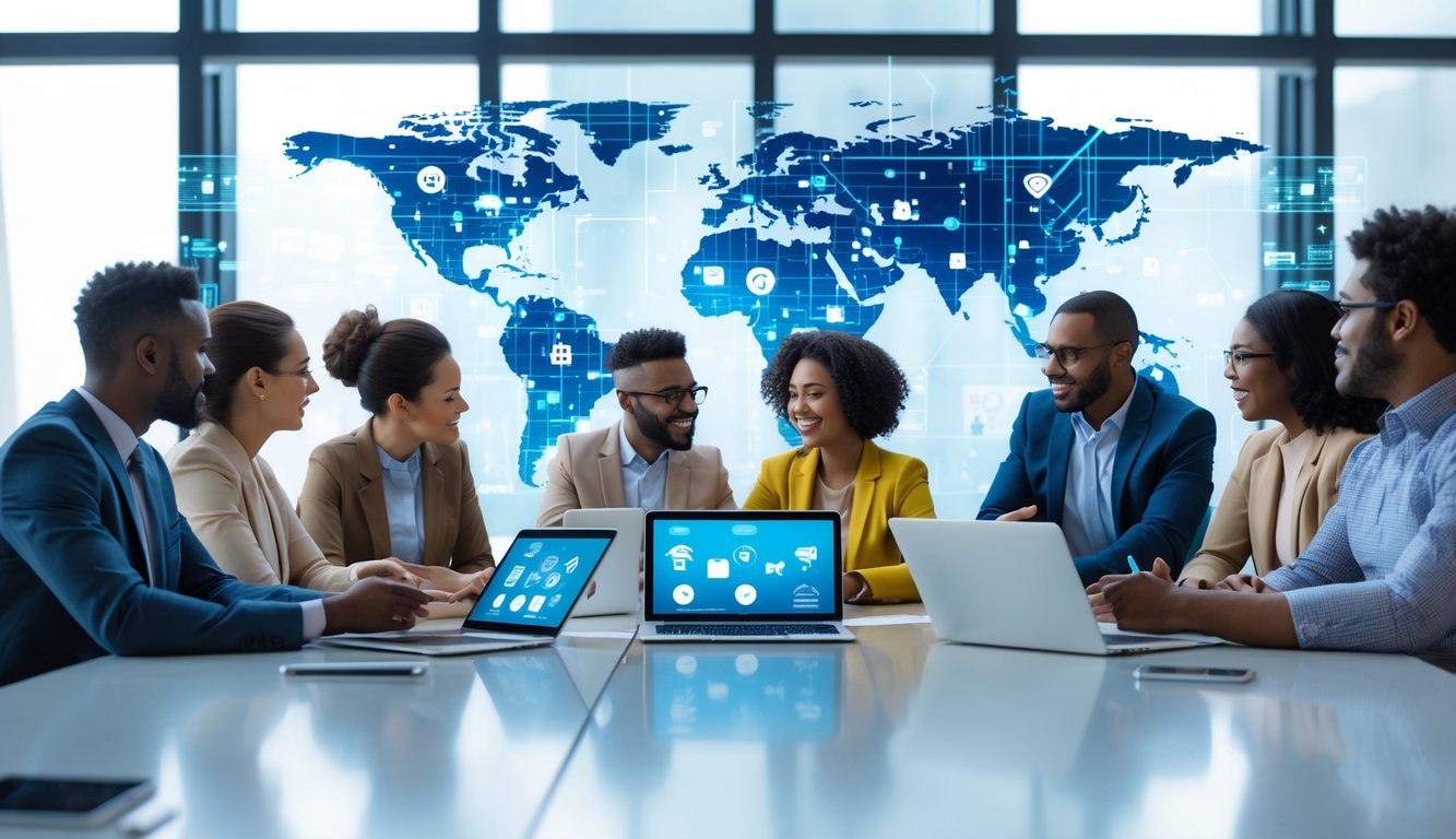 Sekelompok orang beragam usia dan etnis sedang berdiskusi di sekitar meja dengan perangkat digital di era teknologi.