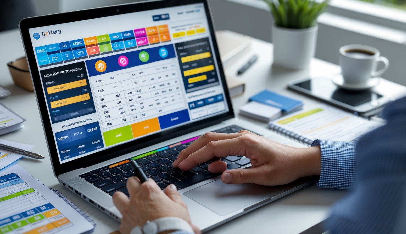 Meja kerja dengan laptop yang menampilkan antarmuka togel online, tangan seseorang sedang mengetik dan memegang pena, di sekitar terdapat catatan, ponsel, dan cangkir kopi.