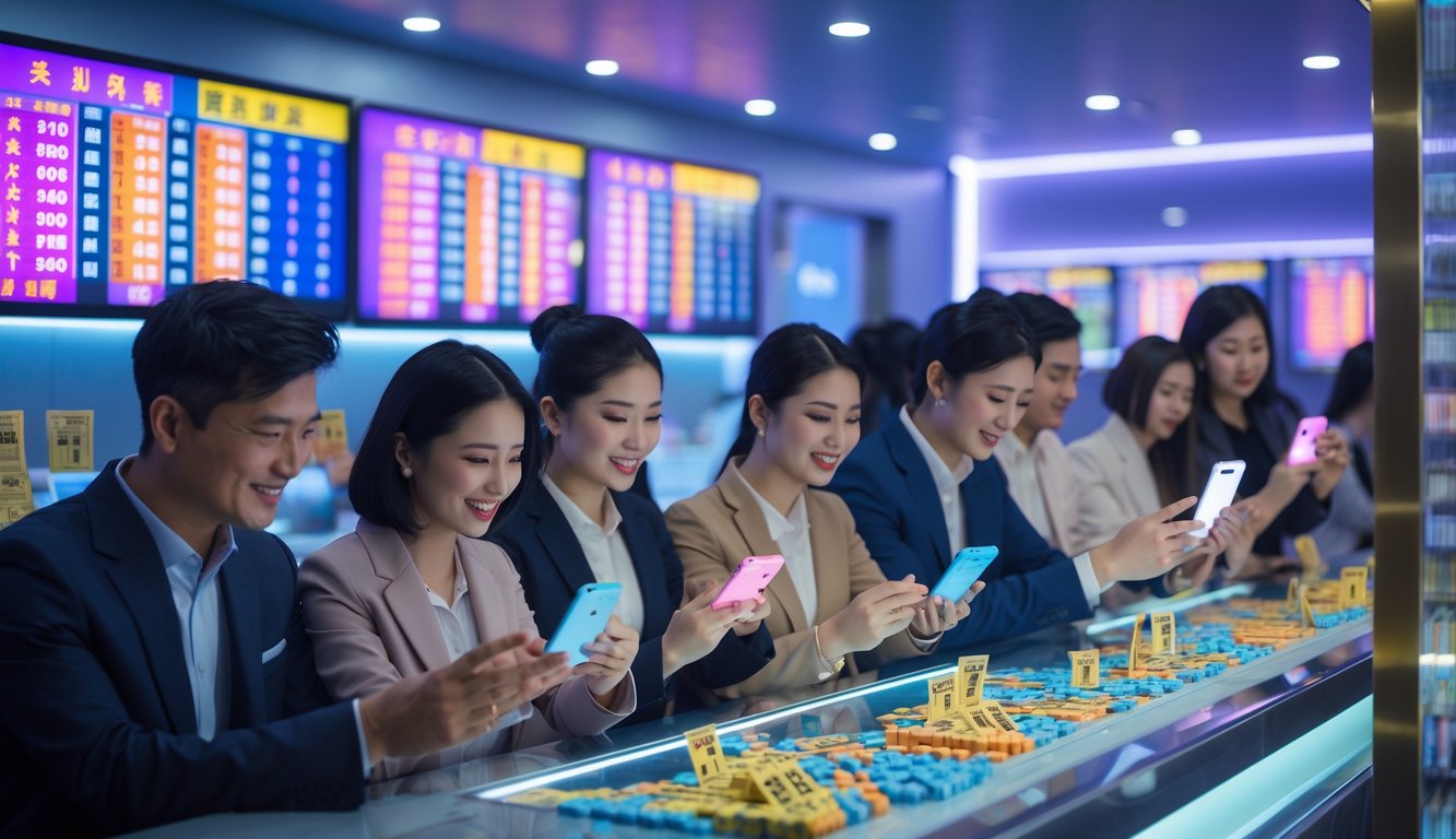 Orang-orang Asia sedang memeriksa tiket lotre di ruangan modern dengan layar digital dan pencahayaan neon.