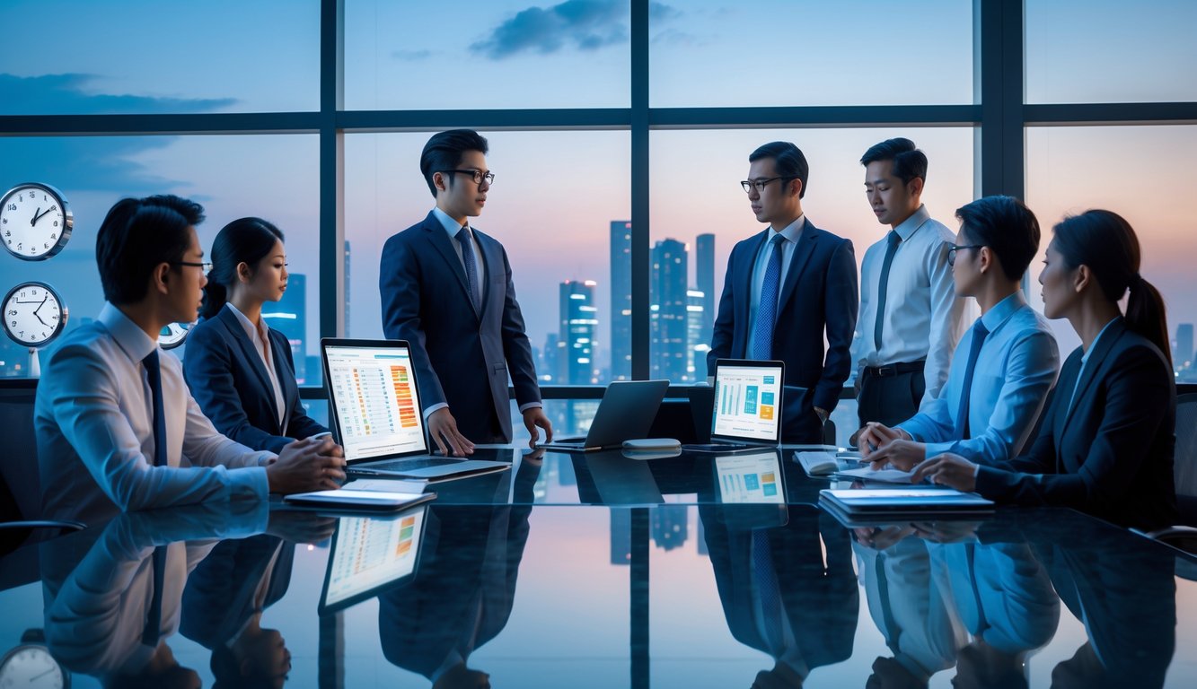 Sekelompok profesional Asia sedang berdiskusi di ruang kantor modern dengan pemandangan kota di latar belakang, menunjukkan layanan 24 jam.