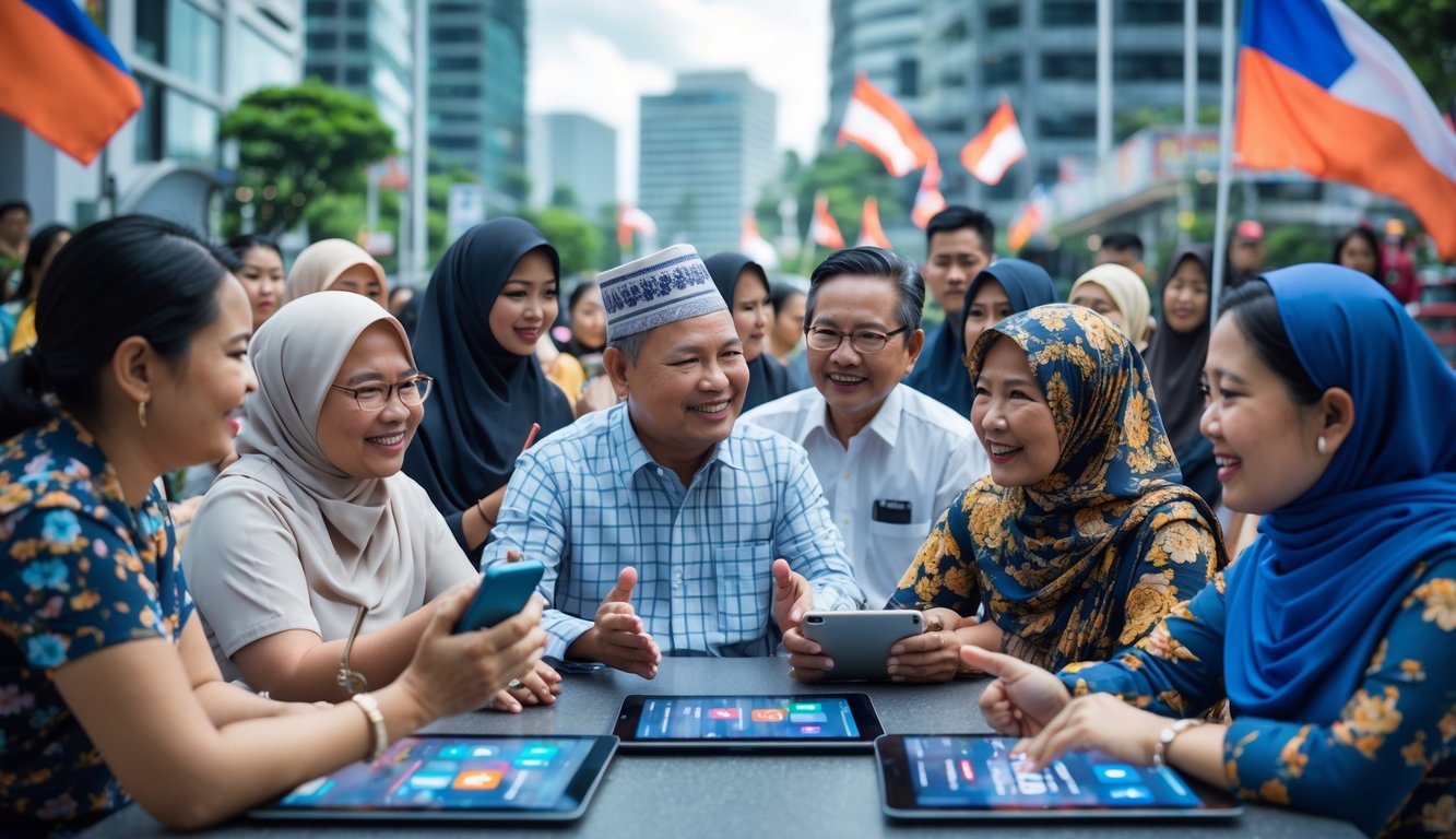Sekelompok orang Indonesia sedang berdiskusi di luar ruangan dengan latar kota dan perangkat digital yang menunjukkan ikon media sosial.