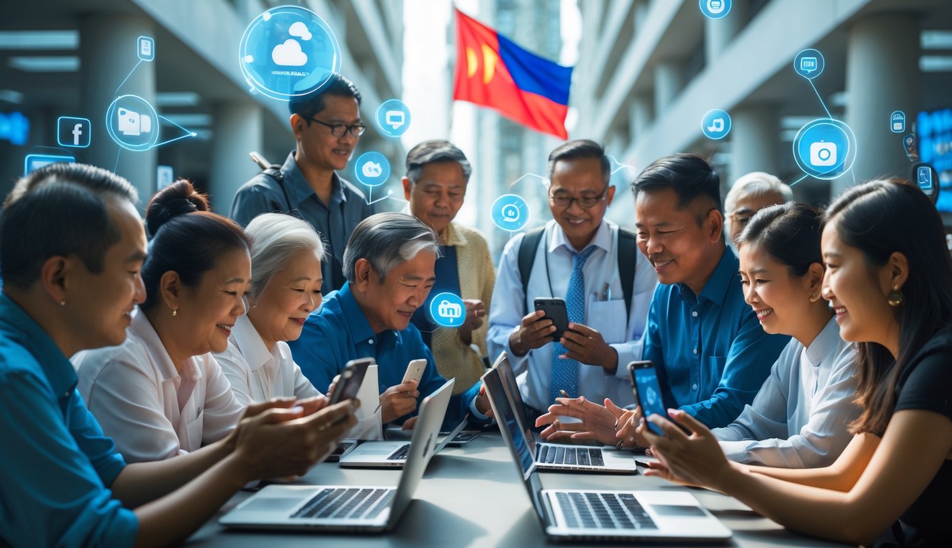 Sekelompok orang Indonesia dari berbagai usia sedang berdiskusi dan menggunakan perangkat digital di ruang perkotaan dengan latar belakang simbol demokrasi dan ikon media sosial.