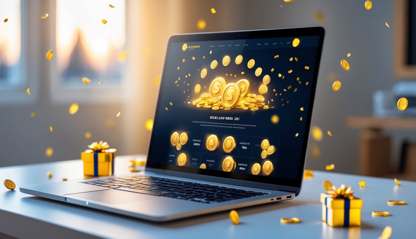 Antarmuka situs togel online resmi ditampilkan pada laptop dan ponsel di atas meja dengan koin emas dan hadiah sebagai simbol bonus.