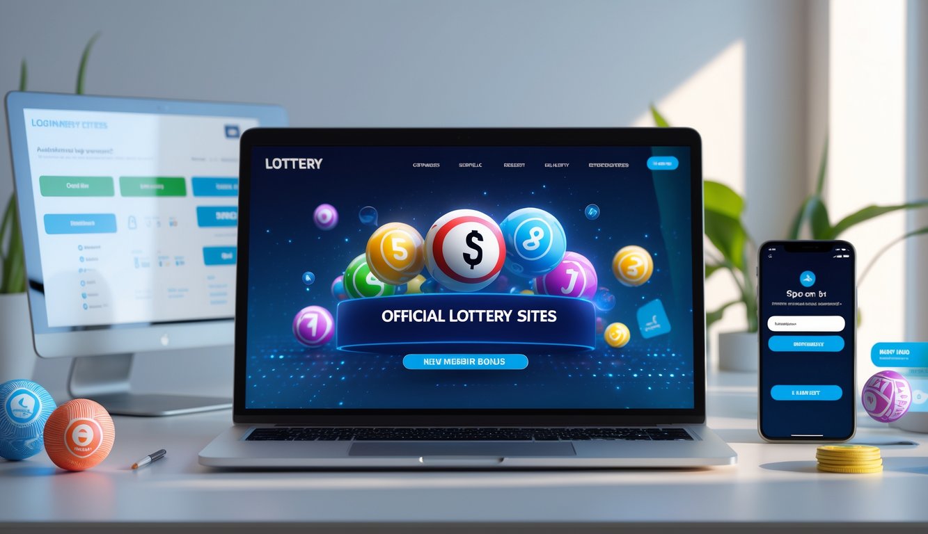 Sebuah ruang kerja modern dengan laptop yang menampilkan antarmuka lotere digital dan elemen terkait perjudian online.