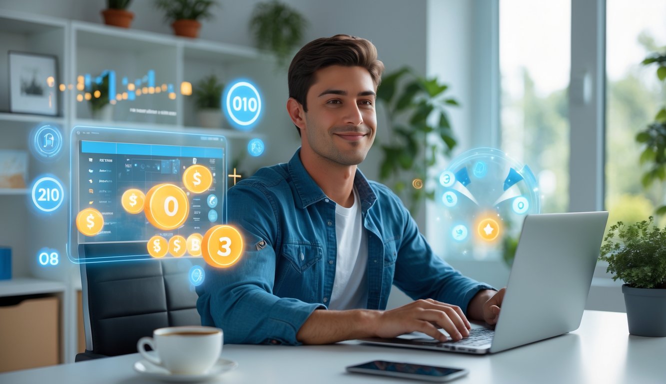 Seorang pria muda duduk di meja kerja dengan laptop di ruang kerja rumah yang terang dan bersih, terlihat percaya diri dan tersenyum.