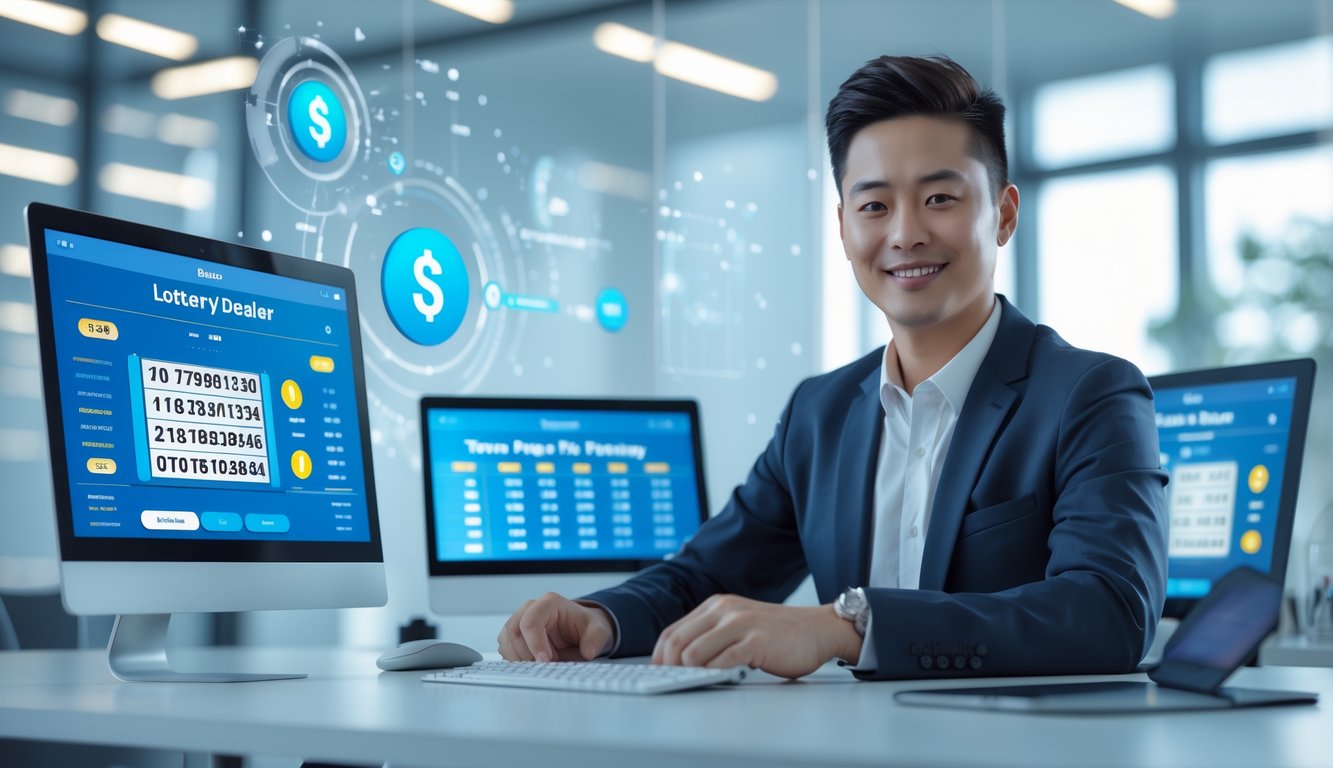 Seorang profesional duduk di meja dengan beberapa perangkat digital yang menampilkan angka lotere dan grafik, di ruang kantor modern yang terang dan bersih.