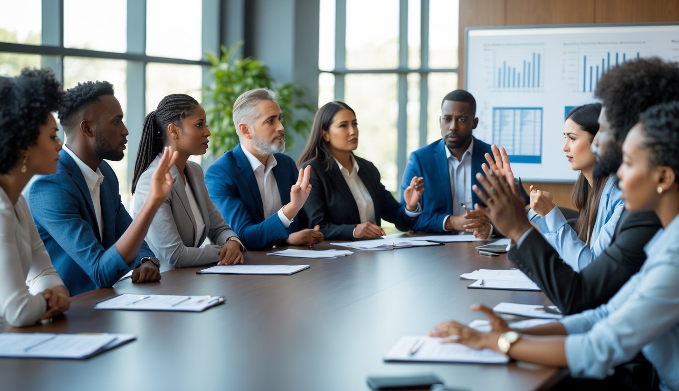 Sekelompok orang dari berbagai latar belakang sedang berdiskusi dalam ruangan konferensi modern dengan suasana penuh perhatian dan partisipasi aktif.
