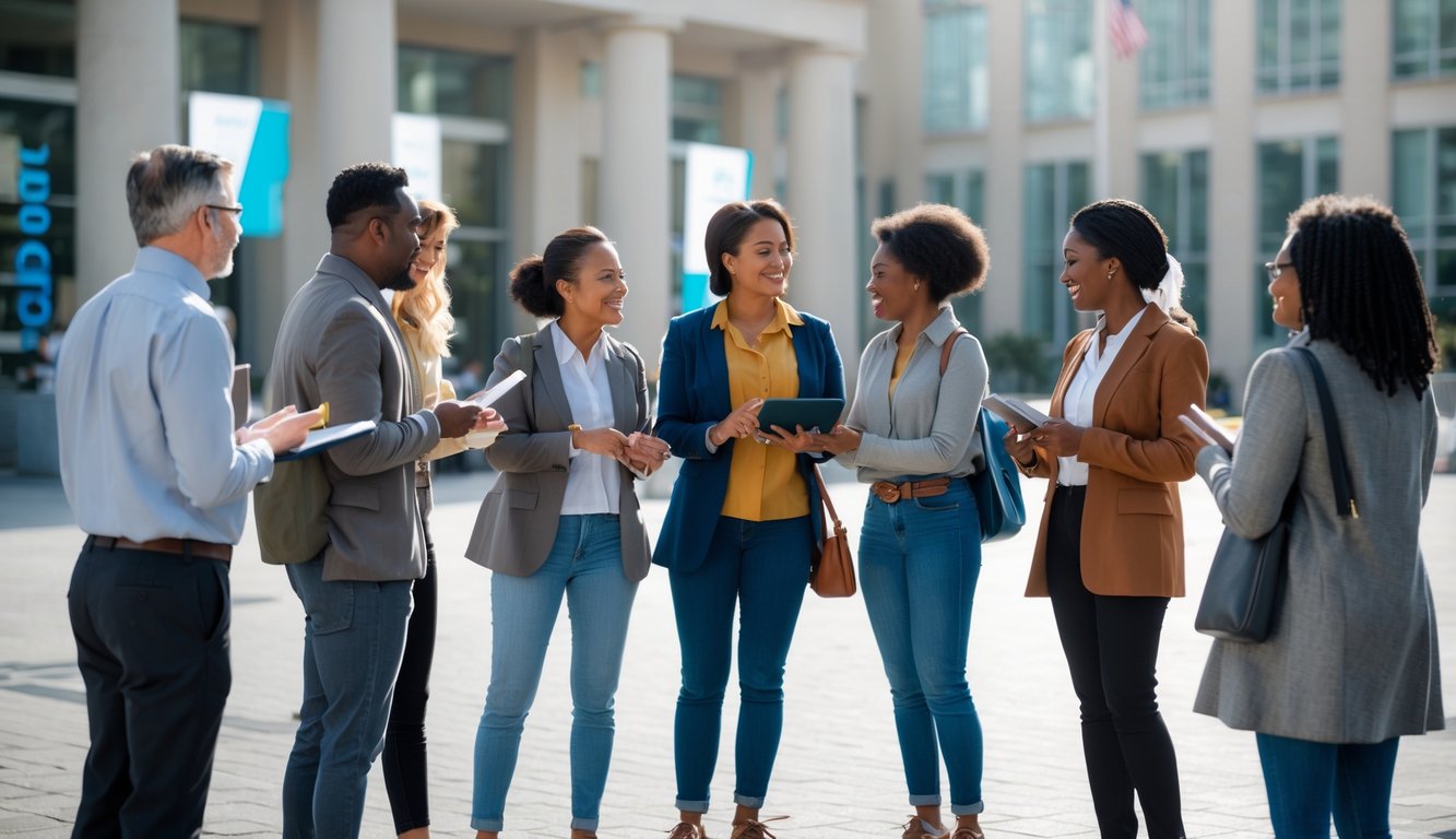 Sekelompok orang beragam usia dan latar belakang sedang berdiskusi secara aktif di ruang publik terbuka dengan latar belakang bangunan pemerintahan.