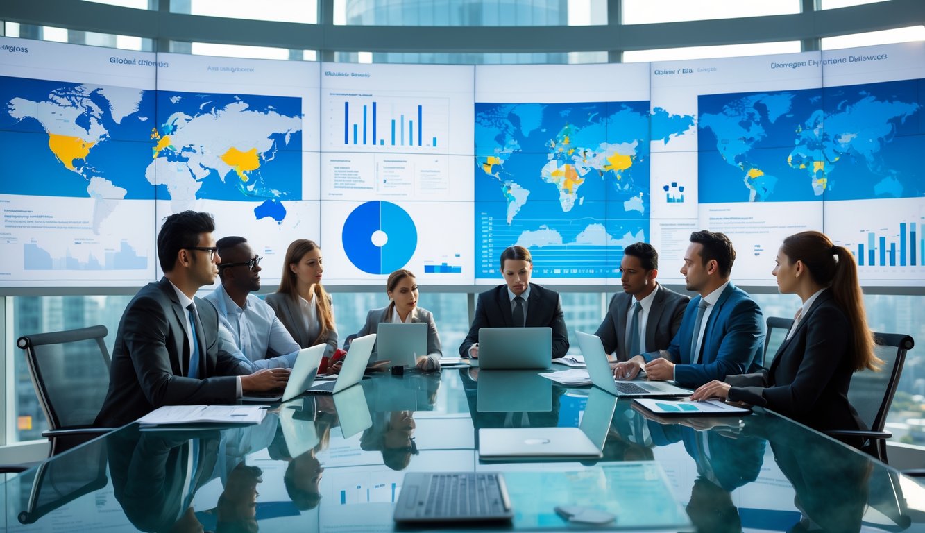 Sekelompok profesional sedang berdiskusi di ruang kantor modern dengan layar digital yang menampilkan peta dunia dan grafik politik.