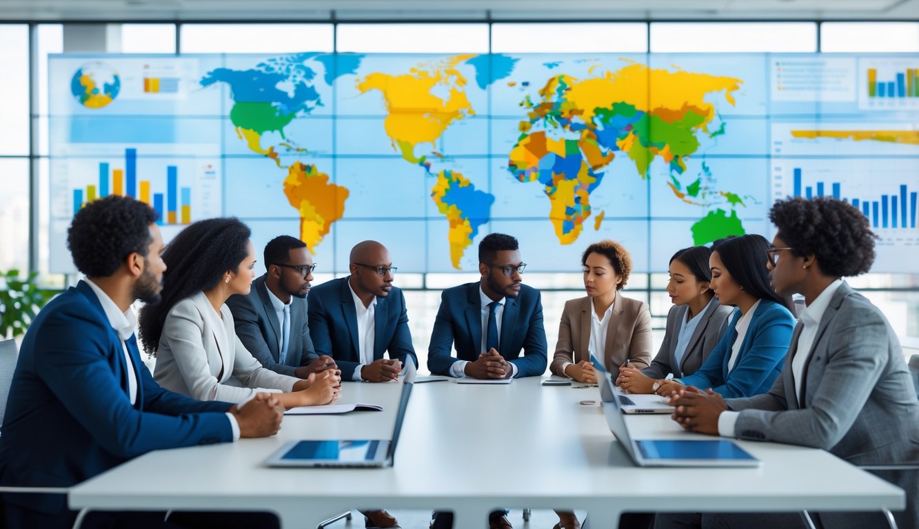 Sekelompok orang beragam sedang berdiskusi serius di meja konferensi dengan peta dunia dan grafik politik di layar di latar belakang.