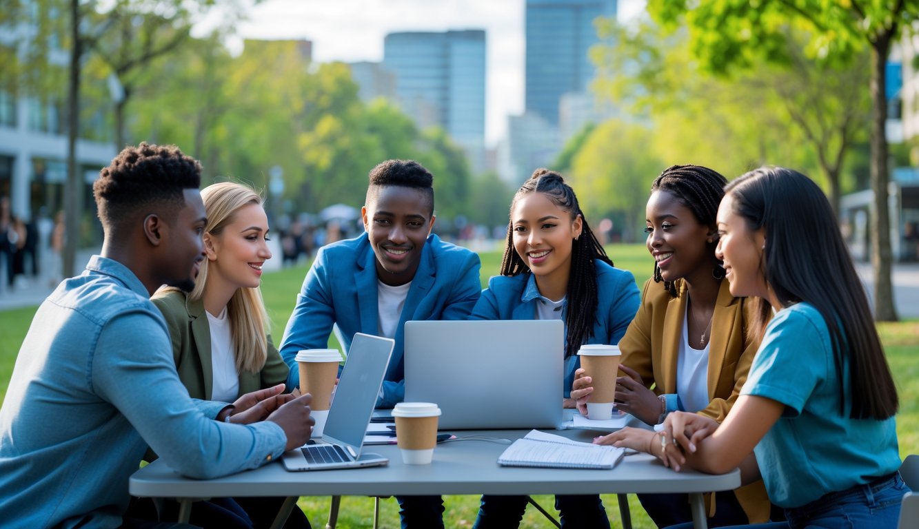 Sekelompok pemuda beragam sedang berdiskusi aktif di luar ruangan di sebuah taman kota dengan latar gedung modern.